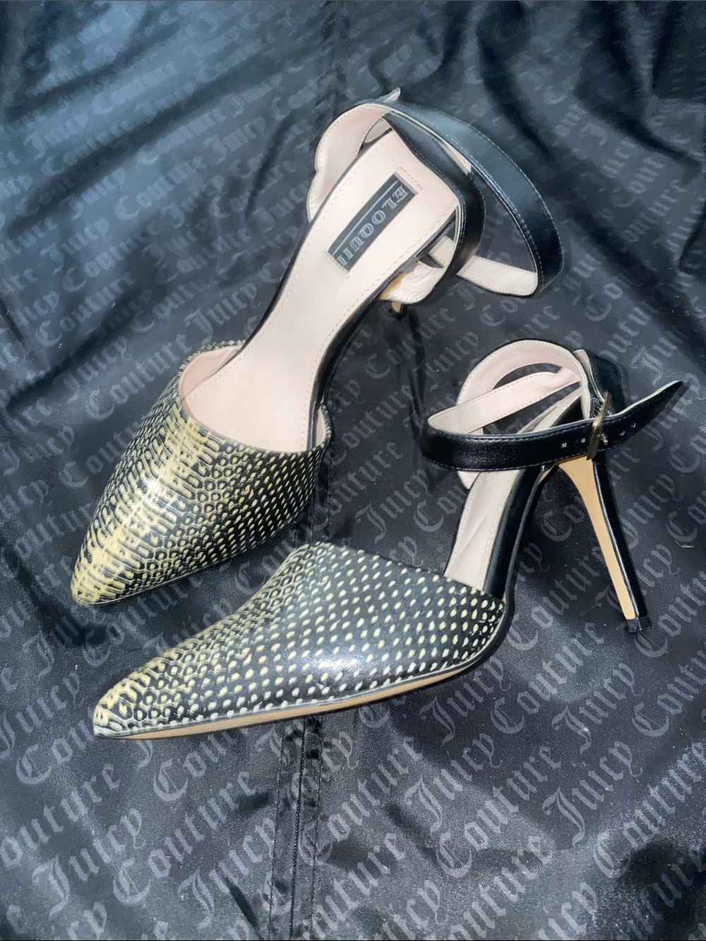 Black and Yellow Patterned Eloquii Pointed-Toe Ankle Strap Heels